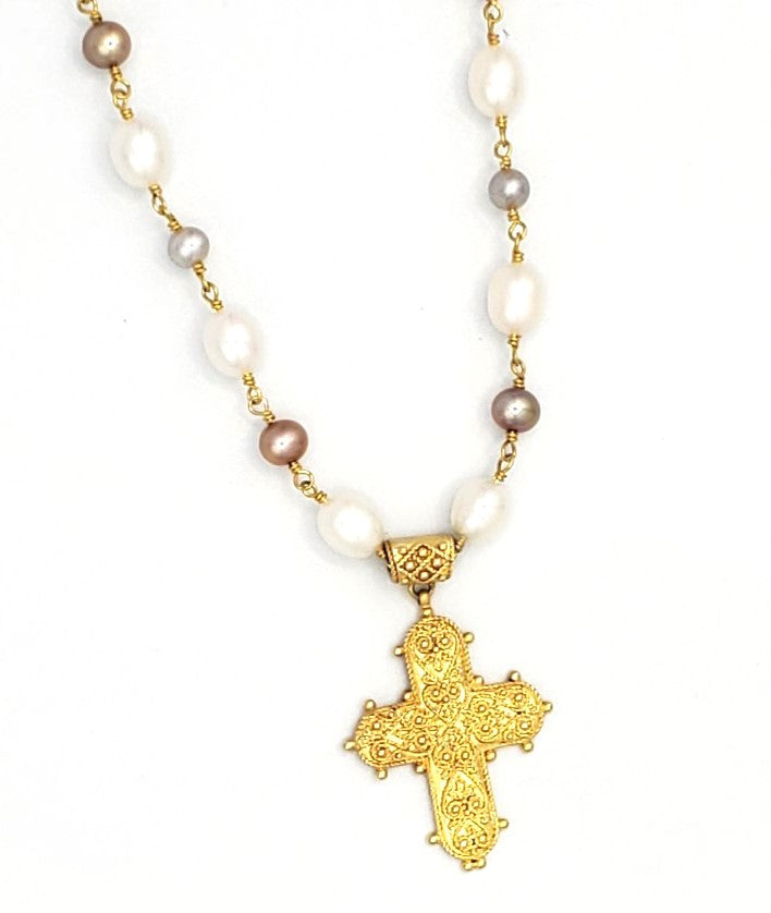 18k Vermeil Intricate Cross with White & Taupe Pearl Necklace (BT058)