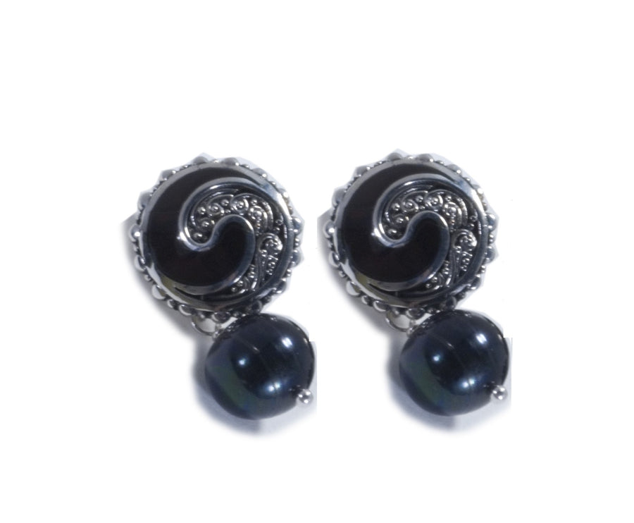 Sterling Silver Black Mother of Pearl w/Pearl Drop Earrings (3495BMOP)