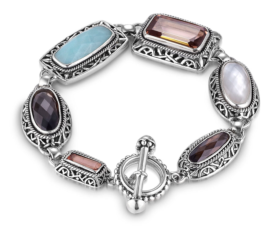 Sterling Silver Mix Gemstones Tiles Bracelet (5713MIX)