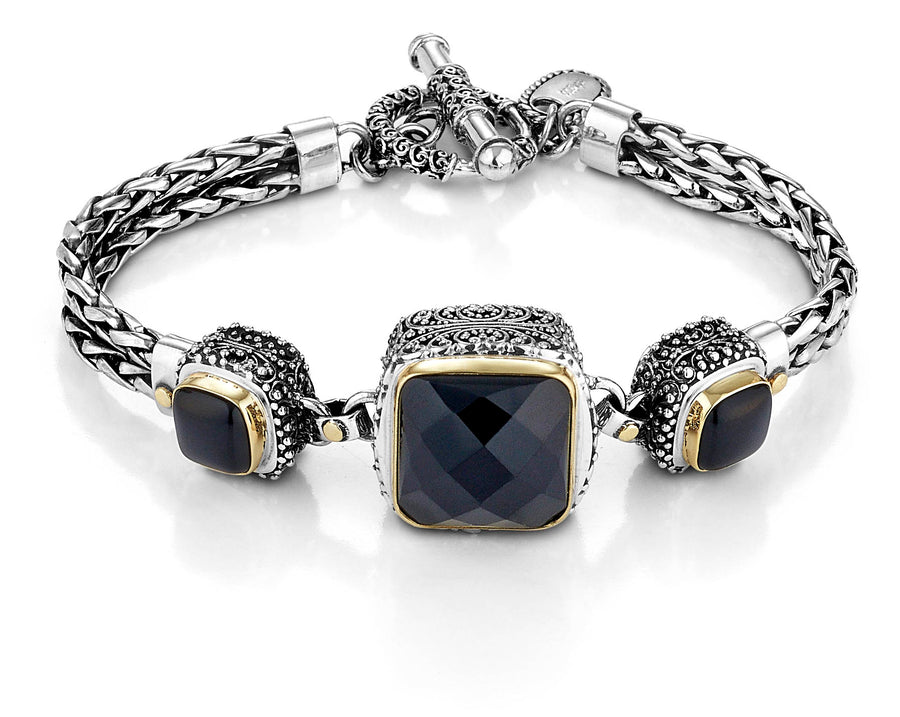 Sterling Silver w/18k Gold Black Onyx Royal Bracelet (6810)