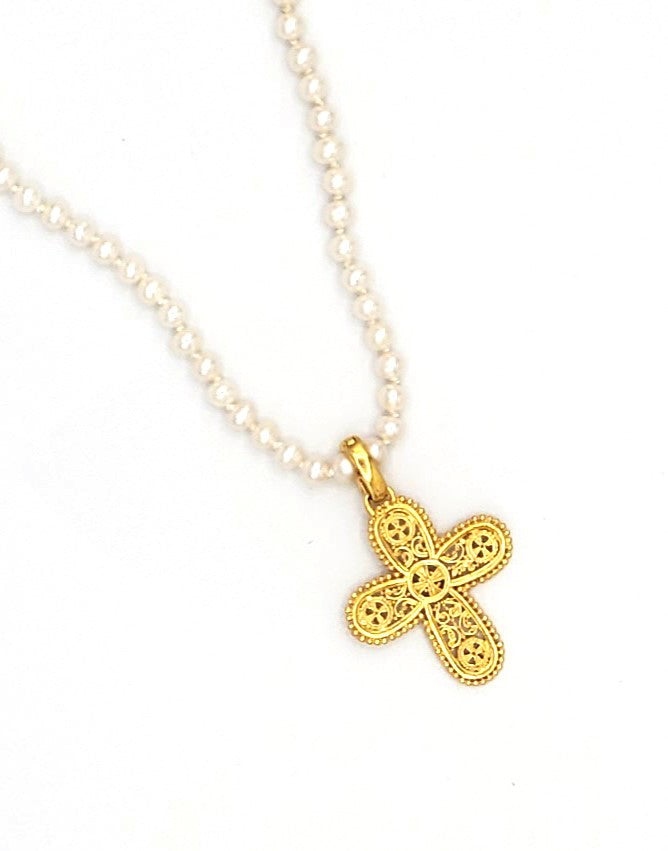 18k Gold Plated Cross Enhancer with Full White Pearl Necklace (BT062)