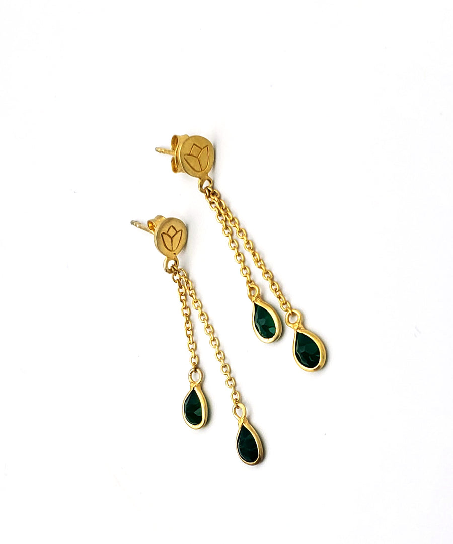 14k Gold Plated Floral Etched Post Earrings with Green Jade (PG00026)